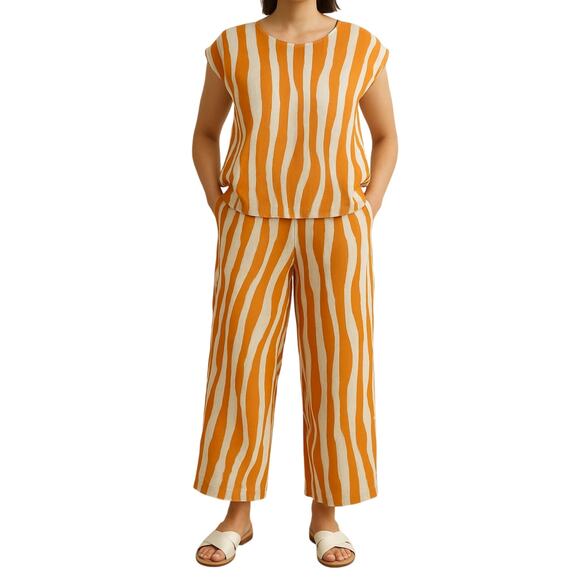 Rachel Zoe Zebra Stripe Linen Pant Set Orange White Top L Pants S India - Picture 1 of 16